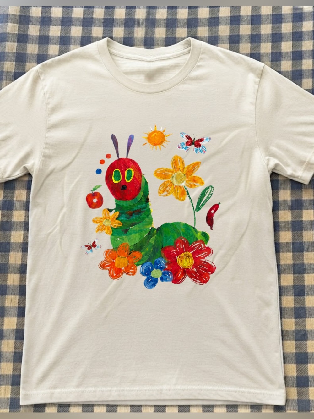 Women Off White Graphic Caterpillar Tee with Colorful Flowers Vintage